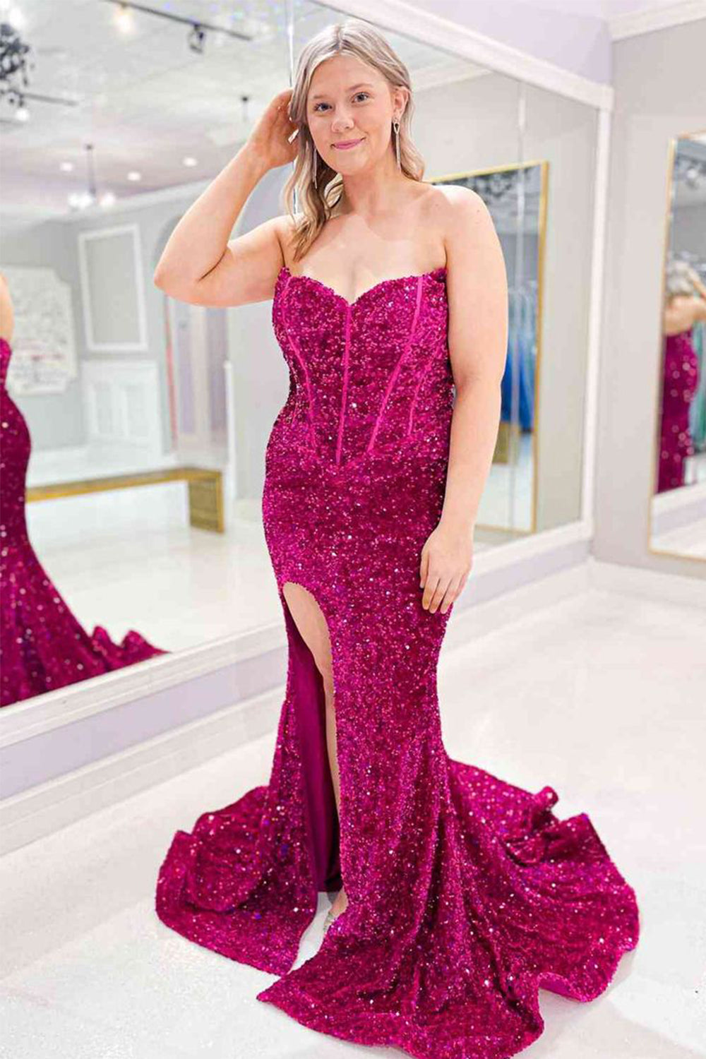 Sweetheart Neck Fuchsia Prom Dress Sequined Mermaid Evening Dress With Sweep Train