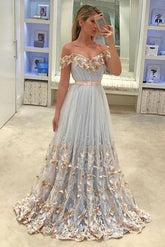 Sweetheart Neck Prom Dress Off the Shoulder Tulle Lace Appliques Long Evening Dress