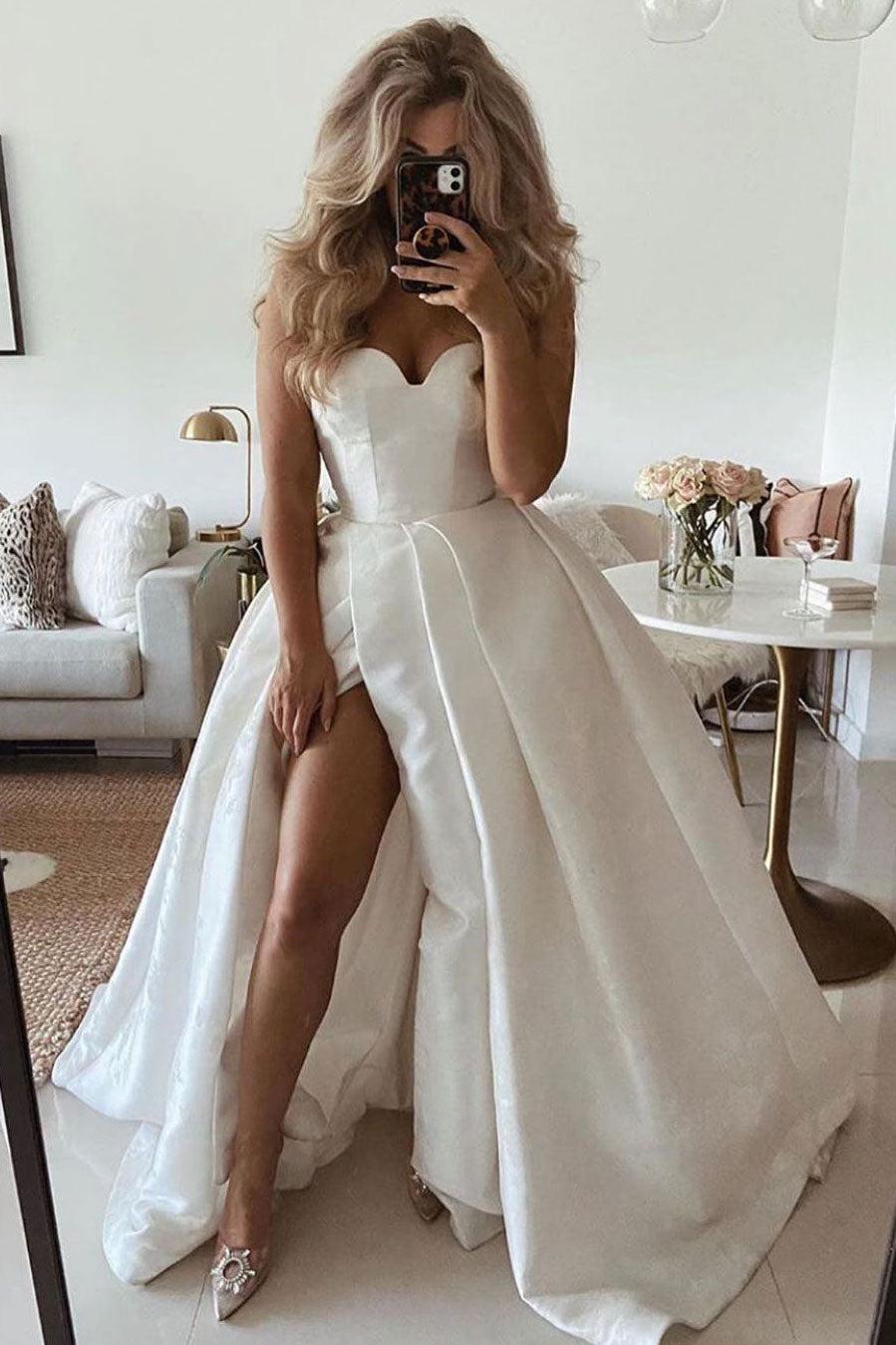 Sweetheart Satin Handmade Wedding Dress Ivory Long Evening Gown Evening Dress
