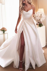 Sweetheart Satin Sweep Train Wedding Dress With Split Front