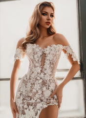 Sweetheart Short Sleeves Court Train Lace Wedding Dress With Appliques Lace