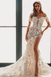 Sweetheart Short Sleeves Court Train Lace Wedding Dress With Appliques Lace