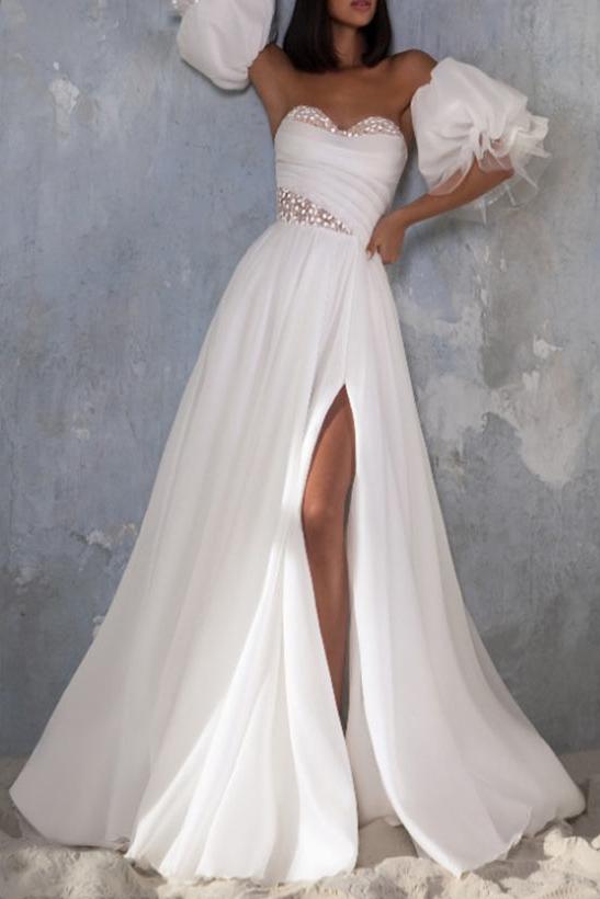Sweetheart Short Sleeves Court Train Tulle Wedding Dress with Split Front