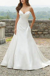 Sweetheart Sleeveless A Line Satin Wedding Dress with Sweep Train