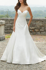 Sweetheart Sleeveless A Line Satin Wedding Dress with Sweep Train