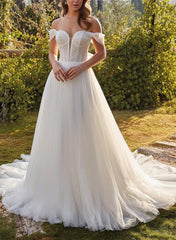 Sweetheart Sweep Train Tulle Ball Gown Wedding Dress