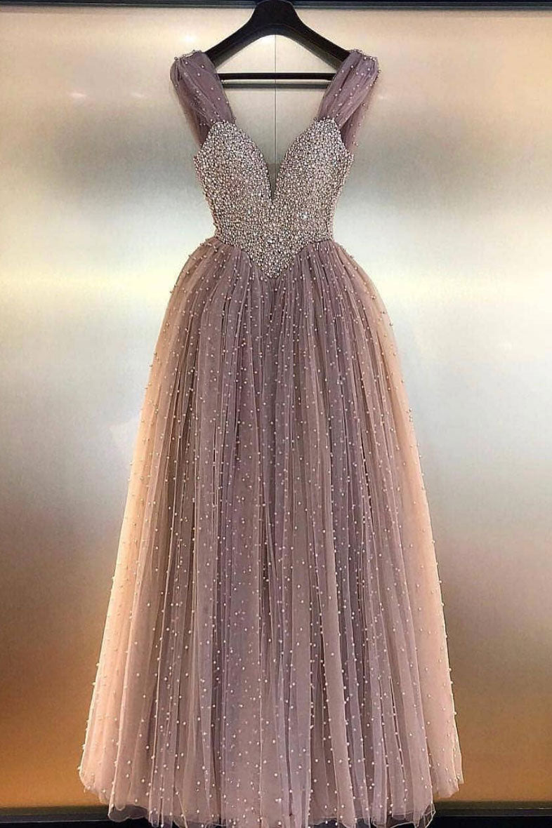 Sweetheart Tulle Prom Dress Beaded Long Evening Dress