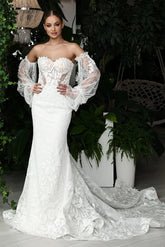 Dressystars Sweetheart Beach Wedding Dress Long Sleeve Lace Appliques Mermaid Bridal Gown