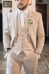 Tailored Fit Men's Linen Suit With Two Buttons - 3 Piece Set