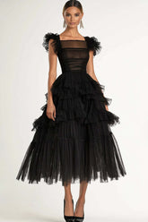 Tea Length Black Wedding Guest Dress A-Line Flatter Sleeves Tulle Formal Dress With Ruffles