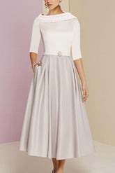 Tea-Length Mother of the Bride A-Line Dress with Jewel Neckline Half Sleeves Pleats and Pockets