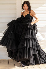 Tiered Prom Dress Ruffle Appliques Corset Long Spaghetti Straps Evening Dress