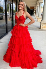 Tiered Prom Dress Ruffle Appliques Corset Long Spaghetti Straps Evening Dress