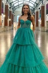 Tiered Prom Dress Ruffle Sequin Embroidery Corset Long Prom Gown Evening Dress