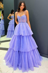Tiered Prom Dress Ruffle Sequin Embroidery Corset Long Prom Gown Evening Dress
