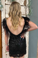 Tina Homecoming Dress Pretty Bodycon V neck Chic Feather Sequin Short Party Cocktail Dress