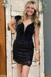 Tina Homecoming Dress Pretty Bodycon V neck Chic Feather Sequin Short Party Cocktail Dress