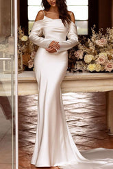 Trumpet Mermaid Long Sleeves Sweep Train Satin Wedding Dress