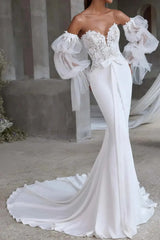Trumpet Mermaid Sweetheart Detachable Sleeves Court Train Lace Satin Wedding Dress with Bow