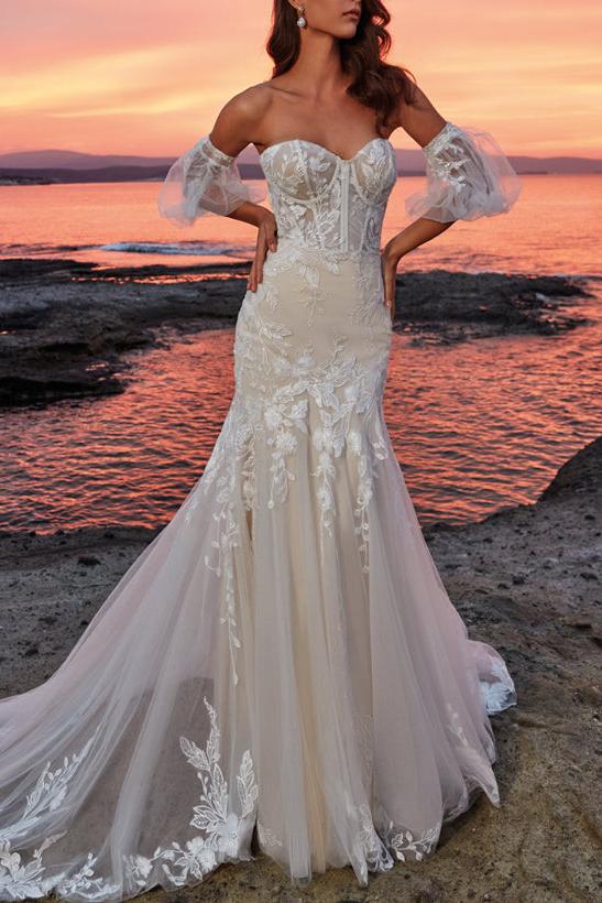 Trumpet Mermaid Sweetheart Short Sleeves Tulle Lace Court Train Wedding Dress With Appliques Lace