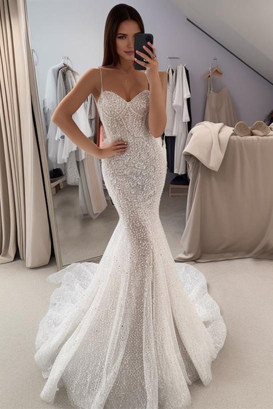 Trumpet Mermaid Sweetheart Sleeveless Sequined Wedding Dress