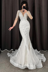 Trumpet Mermaid V Neck Long Sleeves Lace Tulle Wedding Dress