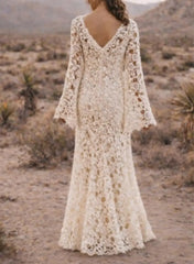Trumpet Mermaid V Neck Long Sleeves Sweep Train Lace Wedding Dress with Front Slit