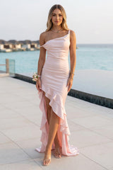 Trumpet/Mermaid Off-the- Shoulder Sleeveless Bridesmaid Dresses with Split Side & Ruffles