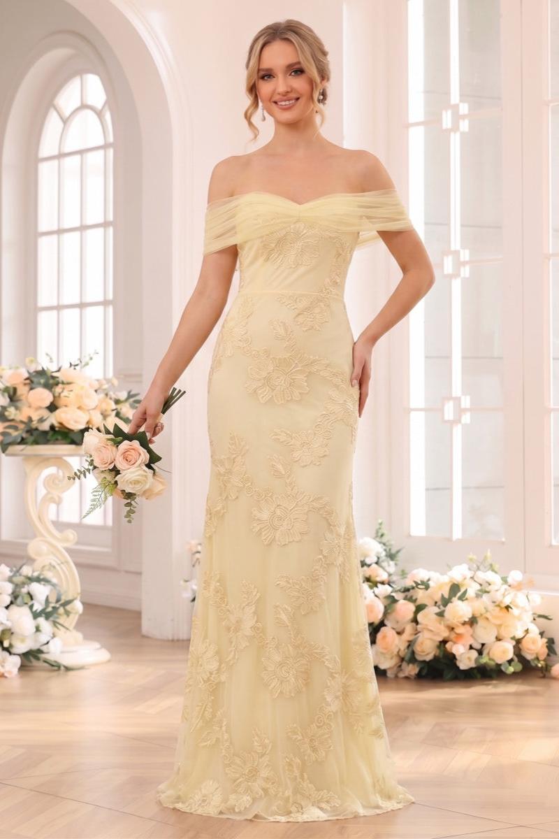 Trumpet/Mermaid Off the Shoulder Sleeveless Floor-Length Bridesmaid Dresses with Lace & Applique