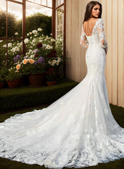 Trumpet/Mermaid V Neck Long Sleeves Sweep Train Lace Wedding Dress