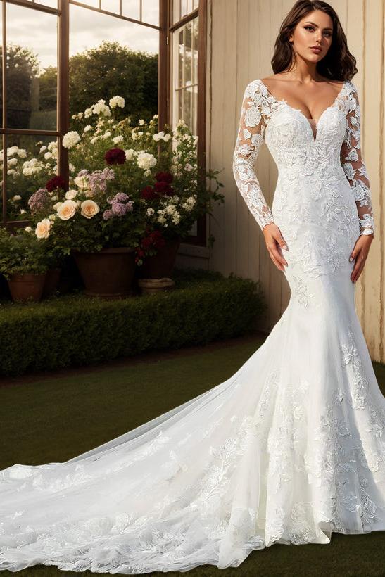 Trumpet/Mermaid V Neck Long Sleeves Sweep Train Lace Wedding Dress