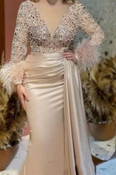 Trumpet/Mermaid V-Neck Satin Mother of the Bride Gown with Feather Glitter and Ruched Long Sleeves
