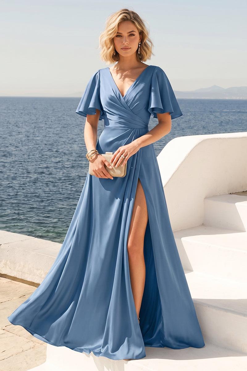 Trumpet/Mermaid V-Neck Short Sleeves Ruched Bridesmaid Dresses with Split Side & Ruffles