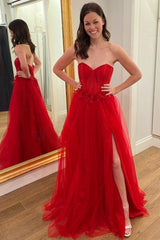 Tulle A Line Strapless Red Prom Dress Corest Long Evening Dress