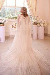 Tulle A Line Wedding Dress with Lace Cape and Front Slit