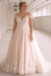 Tulle A Line Wedding Dress with Off Shoulder Lace Sleeves