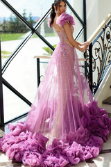 Tulle Beaded Prom Dress Ruffled Sleeveless A Line Formal Dress