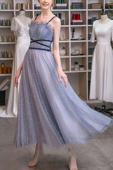 Tulle Beaded Tea Length Formal Evening Dress