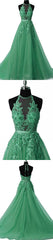 Tulle Lace Appliques Green Prom Dress Long Formal Evening Dress