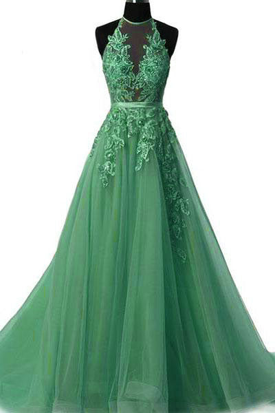 Tulle Lace Appliques Green Prom Dress Long Formal Evening Dress