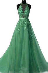 Tulle Lace Appliques Green Prom Dress Long Formal Evening Dress