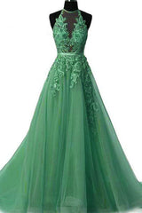 Tulle Lace Appliques Green Prom Dress Long Formal Evening Dress