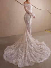 Tulle Mermaid Wedding Dress with Off-the-Shoulder Long Sleeves and Beading