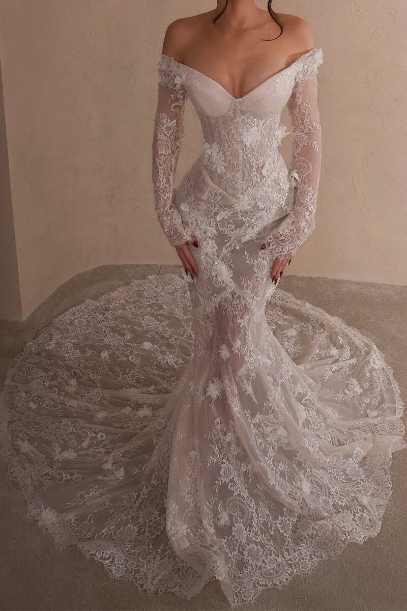 Tulle Mermaid Wedding Dress with Off-the-Shoulder Long Sleeves and Beading