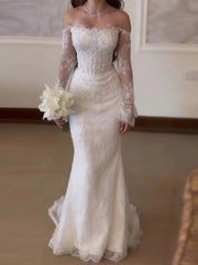 Tulle Mermaid Wedding Dress with Off-the-Shoulder Long Sleeves and Lace Appliques