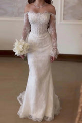 Tulle Mermaid Wedding Dress with Off-the-Shoulder Long Sleeves and Lace Appliques