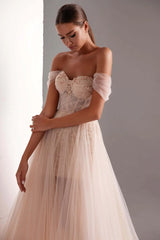 Tulle Prom Dress A Line Long Beaded Evening Dress