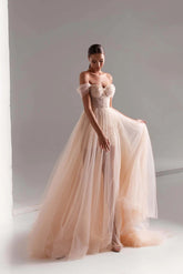 Tulle Prom Dress A Line Long Beaded Evening Dress