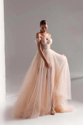 Tulle Prom Dress A Line Long Beaded Evening Dress