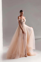 Tulle Prom Dress A Line Long Beaded Evening Dress